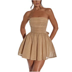 Women'S Strapless Mini Dress, Glitter Tulles Homecoming Dresses for Teens, a Line Short Prom Cocktail Gown with Bow Khaki S