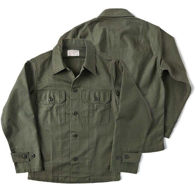 Olive Green Cotton Satin Work Clothes Shirt Men