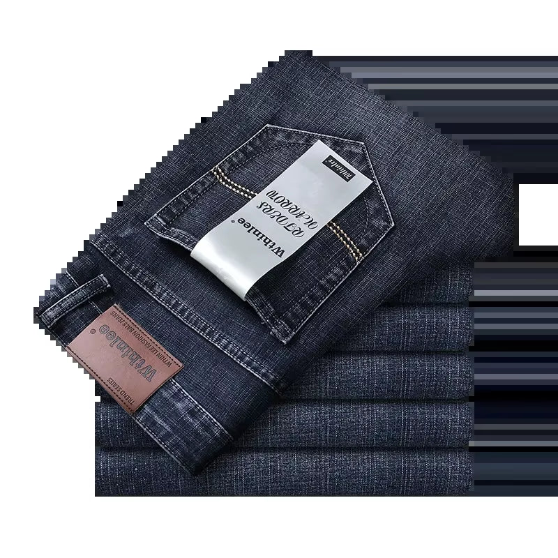 New Business Men'S Jeans Fleece Casual Straight Stretch Fashion Classic Blue Black Work Denim Trousers Male Clothing