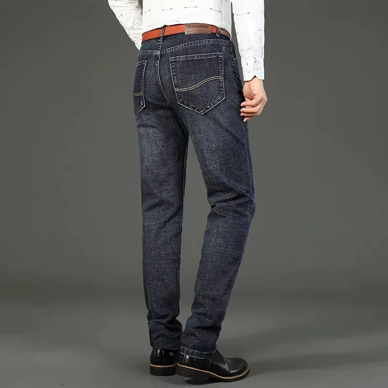 New Business Men'S Jeans Fleece Casual Straight Stretch Fashion Classic Blue Black Work Denim Trousers Male Clothing