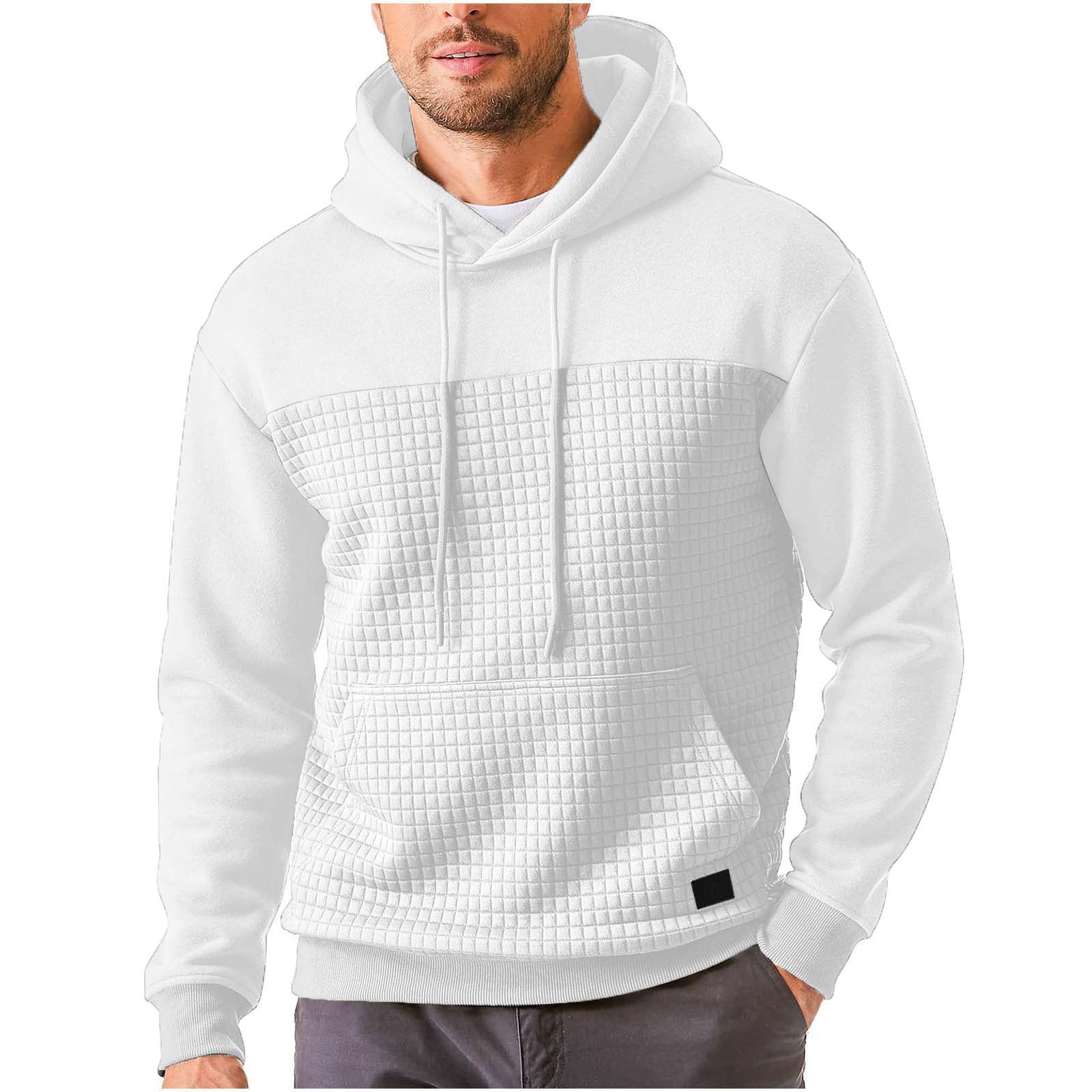 Mens Plus-Size Casual Sporty Fleece-Lined Hooded Patchwork Plaid Sweatshirt Jacket