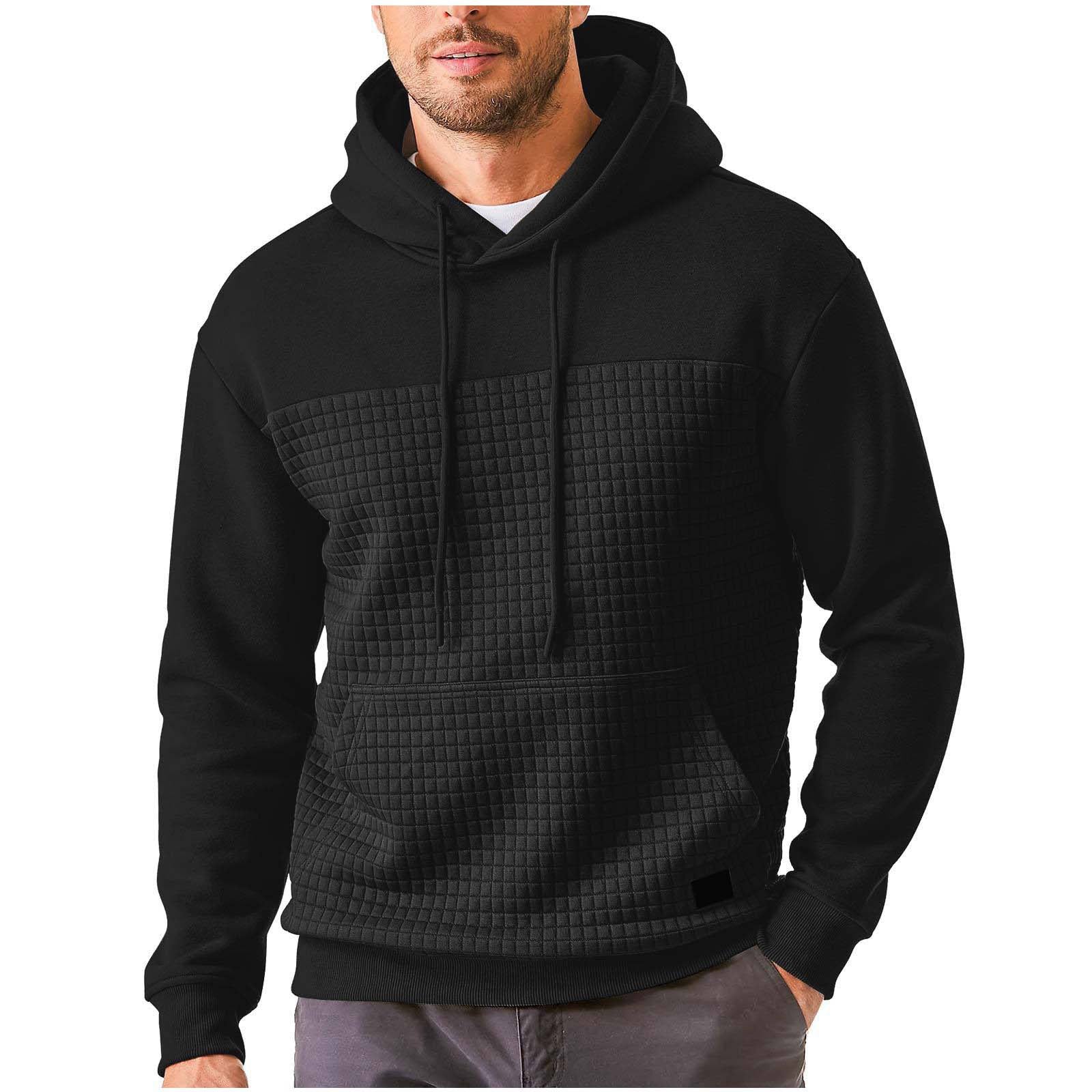 Mens Plus-Size Casual Sporty Fleece-Lined Hooded Patchwork Plaid Sweatshirt Jacket