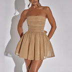 Women'S Strapless Mini Dress, Glitter Tulles Homecoming Dresses for Teens, a Line Short Prom Cocktail Gown with Bow Khaki S