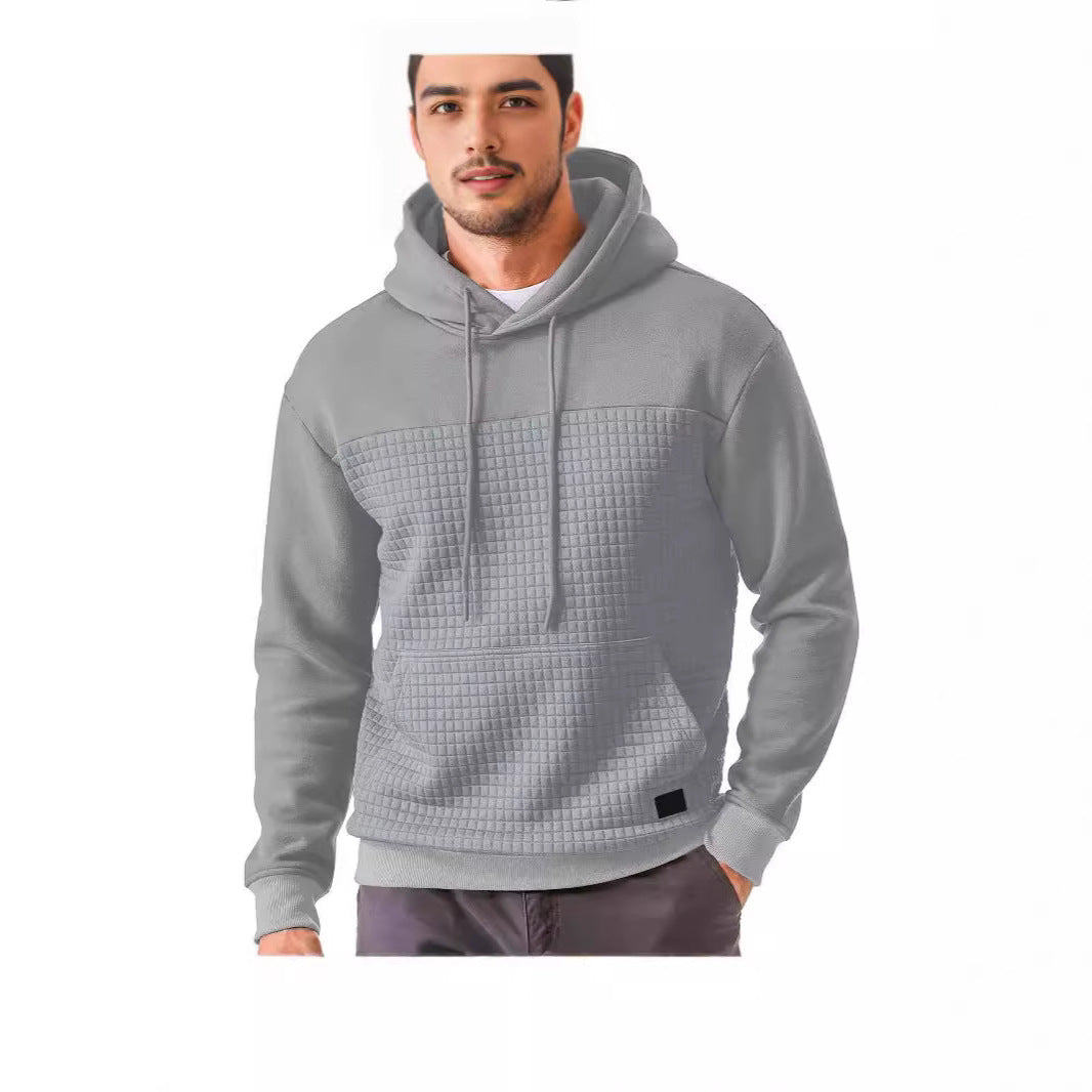 Mens Plus-Size Casual Sporty Fleece-Lined Hooded Patchwork Plaid Sweatshirt Jacket