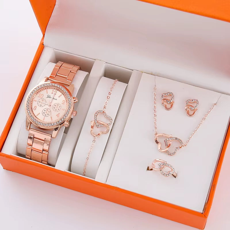 Womens Watches 5Pcs Set Luxury Rhinestone Women Fashion Elegant Wristwatch Quartz Watch for Girl Wristwatch Bracelet Gift