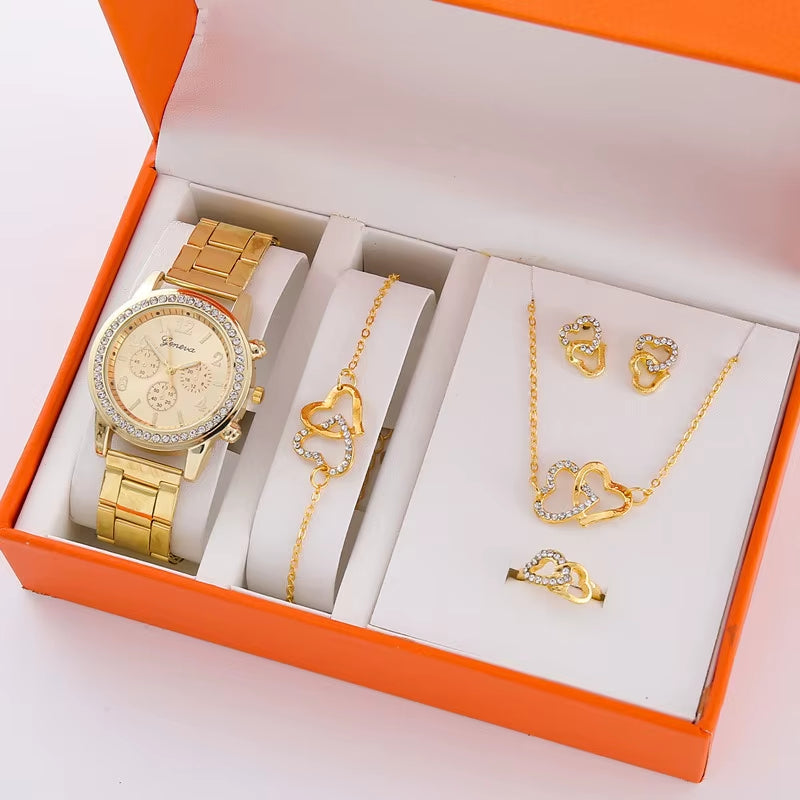 Womens Watches 5Pcs Set Luxury Rhinestone Women Fashion Elegant Wristwatch Quartz Watch for Girl Wristwatch Bracelet Gift