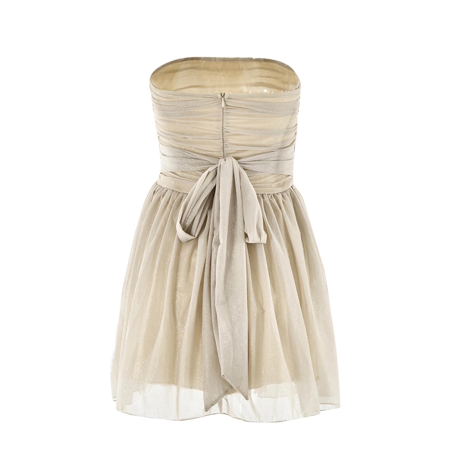 Women'S Strapless Mini Dress, Glitter Tulles Homecoming Dresses for Teens, a Line Short Prom Cocktail Gown with Bow Khaki S