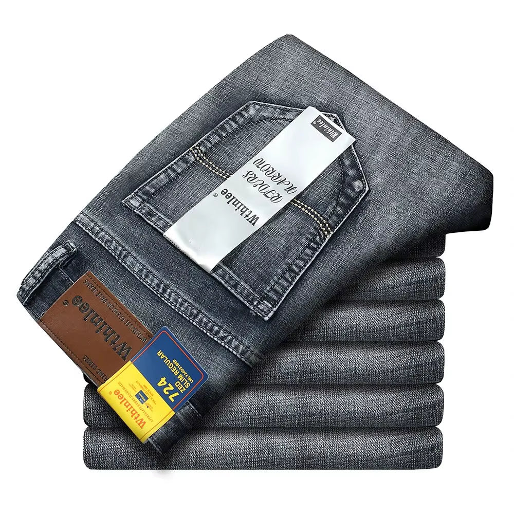 New Business Men'S Jeans Fleece Casual Straight Stretch Fashion Classic Blue Black Work Denim Trousers Male Clothing