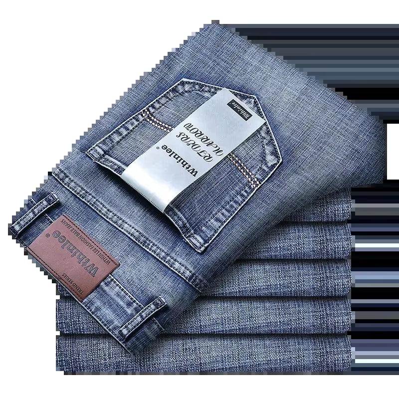 New Business Men'S Jeans Fleece Casual Straight Stretch Fashion Classic Blue Black Work Denim Trousers Male Clothing