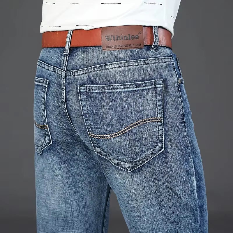 New Business Men'S Jeans Fleece Casual Straight Stretch Fashion Classic Blue Black Work Denim Trousers Male Clothing