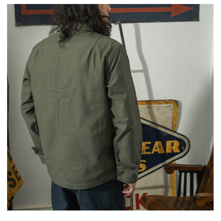 Olive Green Cotton Satin Work Clothes Shirt Men