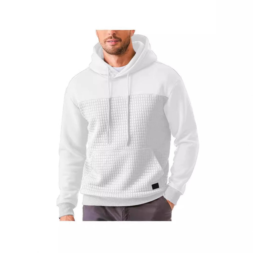 Mens Plus-Size Casual Sporty Fleece-Lined Hooded Patchwork Plaid Sweatshirt Jacket