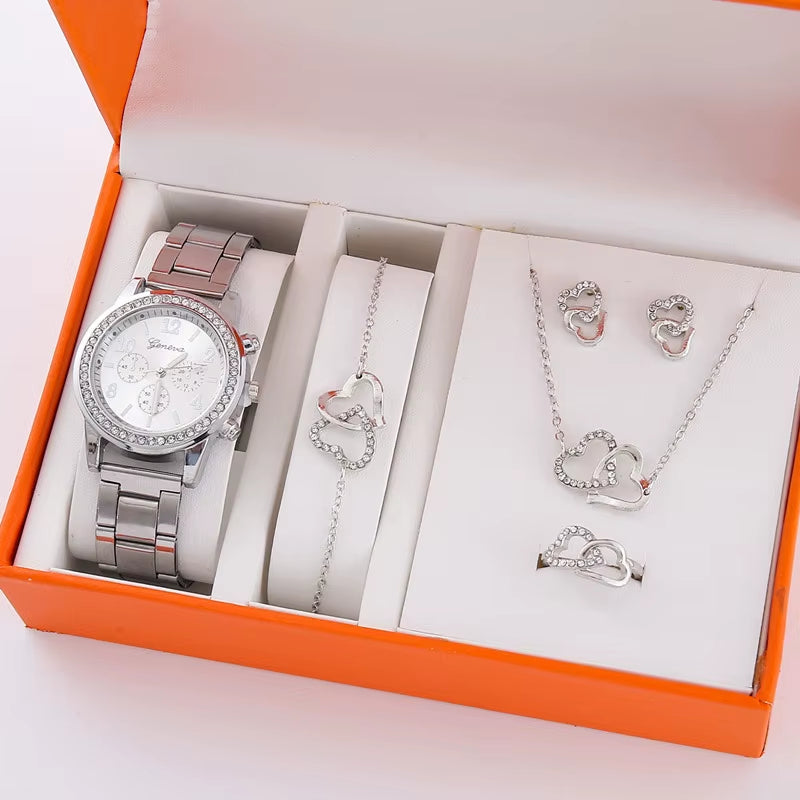 Womens Watches 5Pcs Set Luxury Rhinestone Women Fashion Elegant Wristwatch Quartz Watch for Girl Wristwatch Bracelet Gift