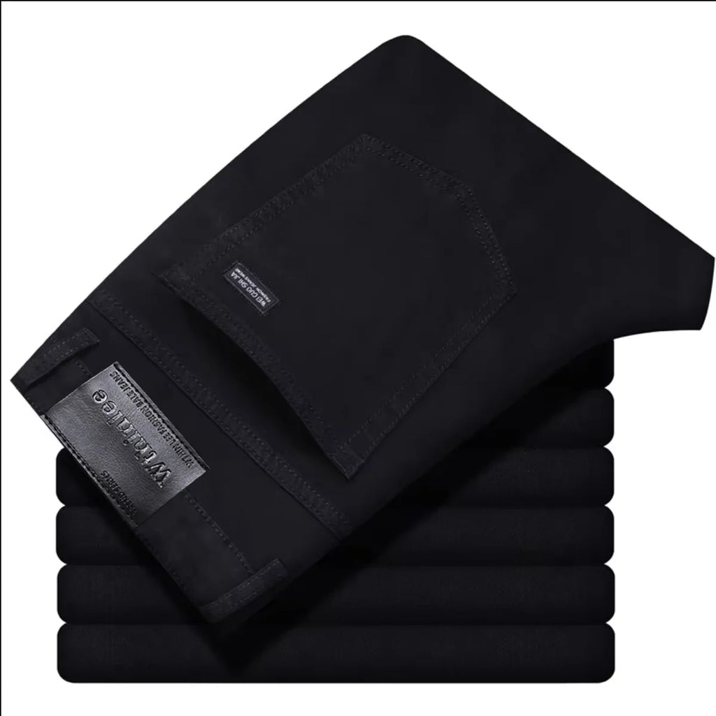 New Business Men'S Jeans Fleece Casual Straight Stretch Fashion Classic Blue Black Work Denim Trousers Male Clothing