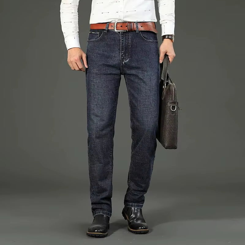 New Business Men'S Jeans Fleece Casual Straight Stretch Fashion Classic Blue Black Work Denim Trousers Male Clothing