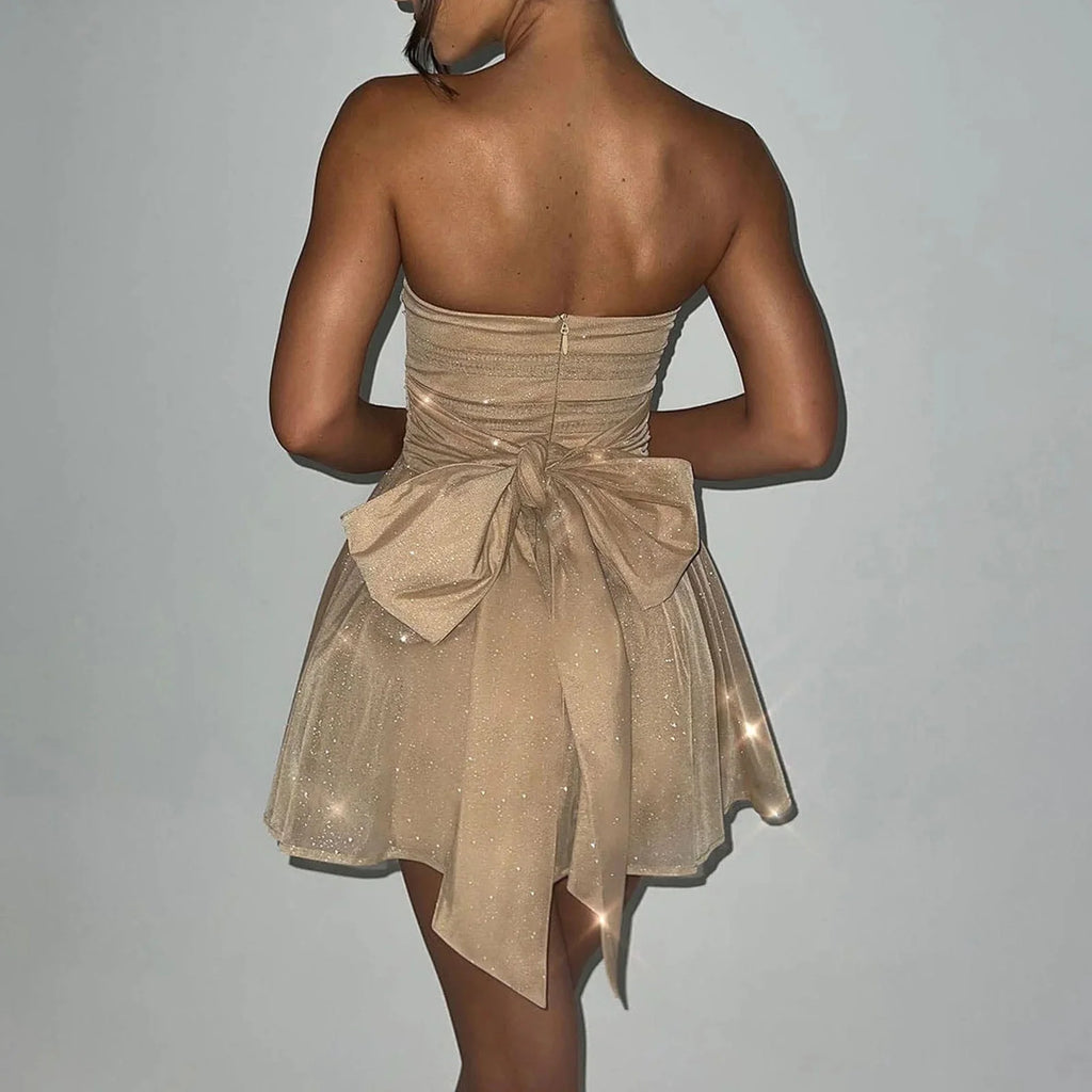 Women'S Strapless Mini Dress, Glitter Tulles Homecoming Dresses for Teens, a Line Short Prom Cocktail Gown with Bow Khaki S