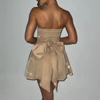 Women'S Strapless Mini Dress, Glitter Tulles Homecoming Dresses for Teens, a Line Short Prom Cocktail Gown with Bow Khaki S