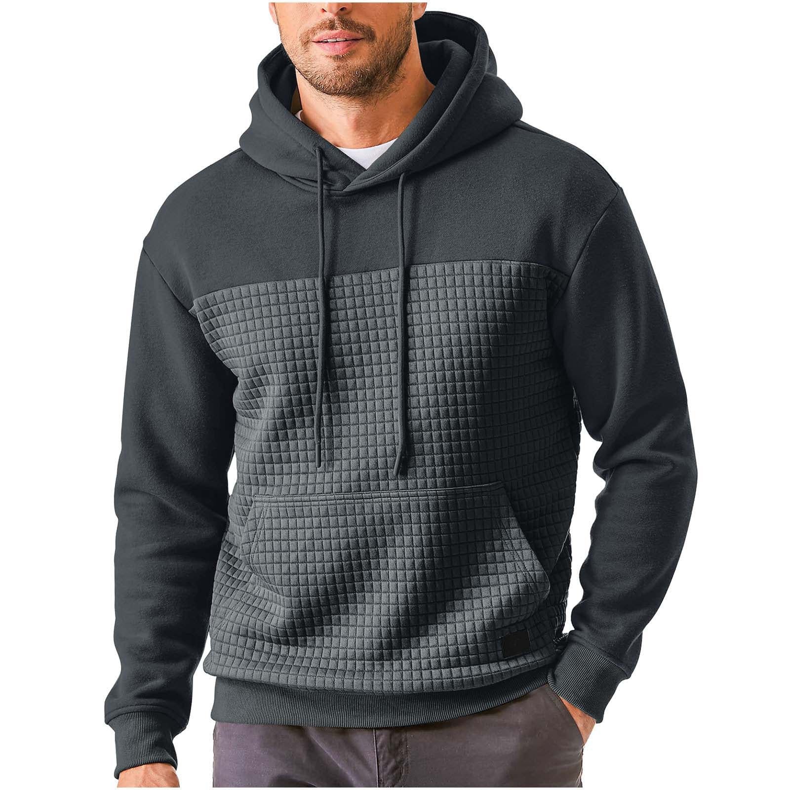Mens Plus-Size Casual Sporty Fleece-Lined Hooded Patchwork Plaid Sweatshirt Jacket
