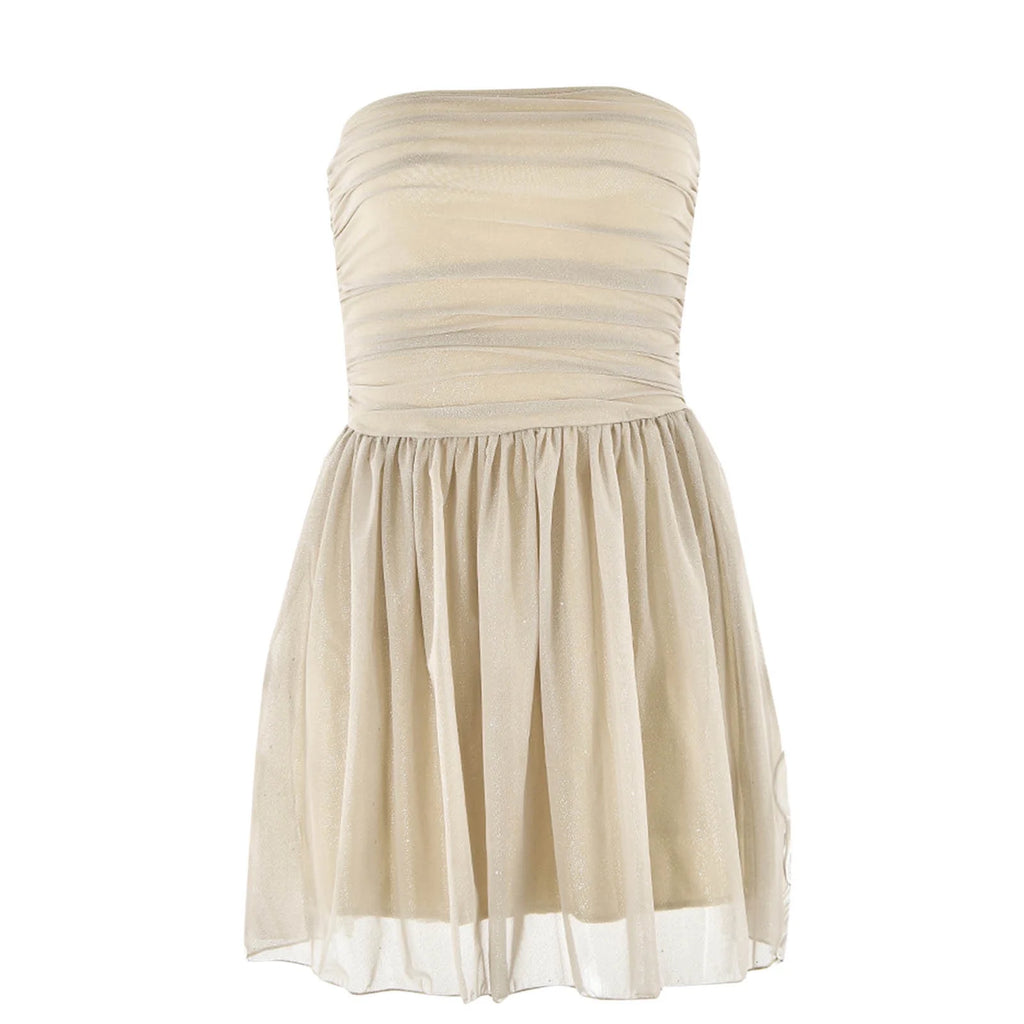Women'S Strapless Mini Dress, Glitter Tulles Homecoming Dresses for Teens, a Line Short Prom Cocktail Gown with Bow Khaki S